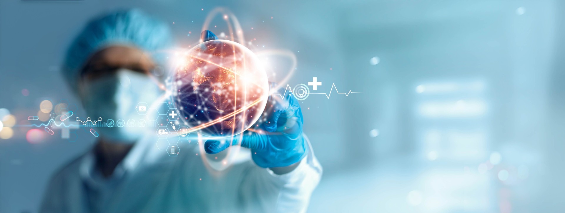Doctor holding virtual globe with healthcare network connection. Science and medical innovation technology develop sustainable smart services and solutions in global research and development.