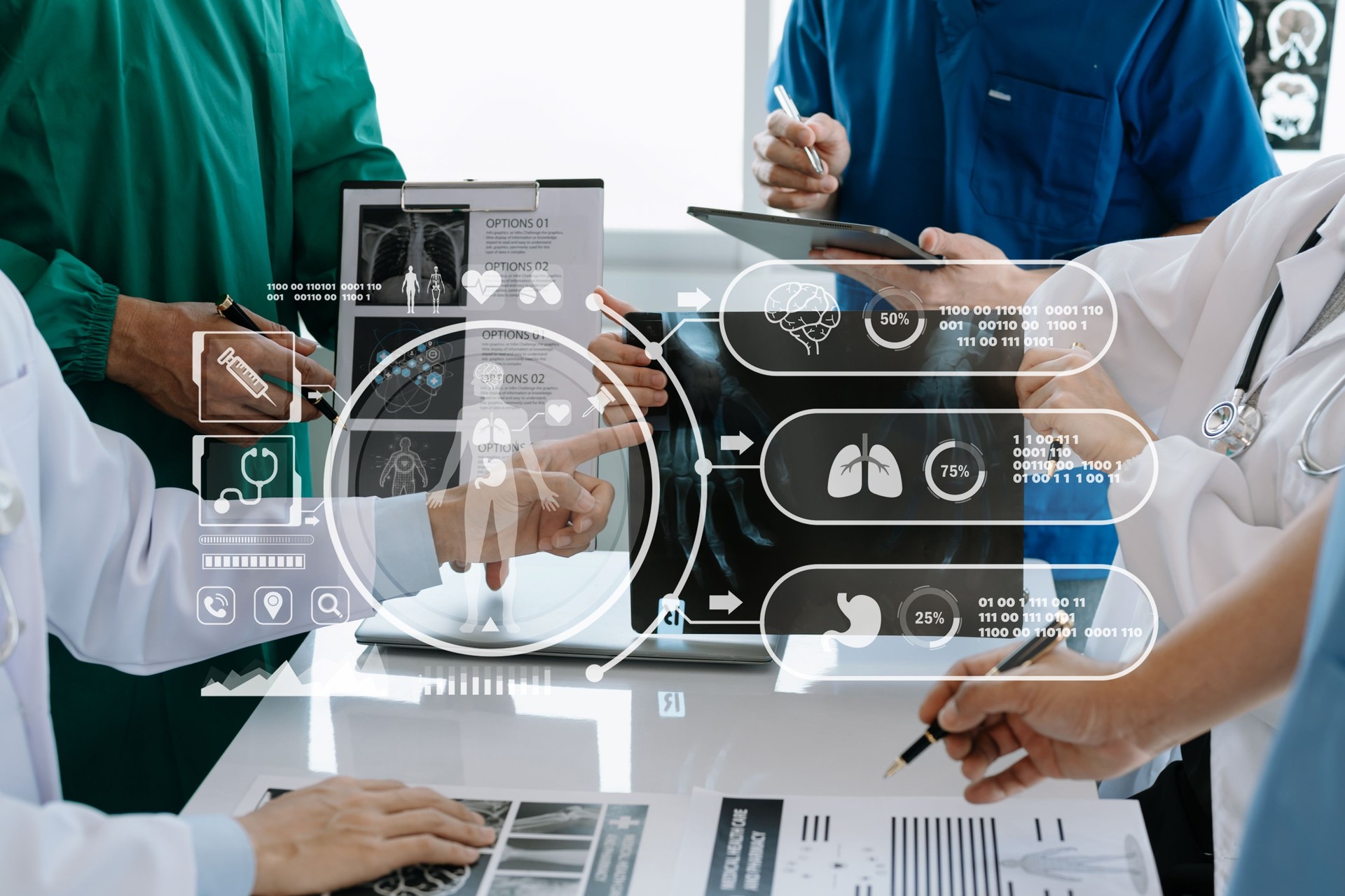 Medical technology network team meeting concept. Doctor hand working with smart phone modern digital tablet and laptop computer with graphics chart interface, with virtual icon