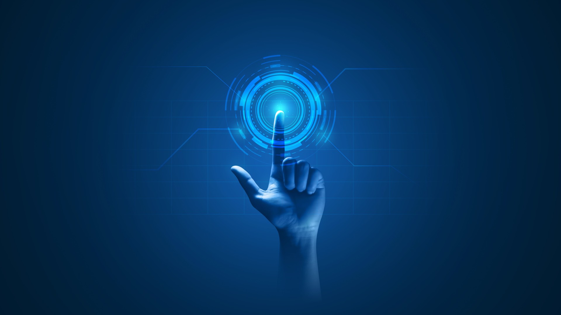 Hand touch digital hud interface futuristic technology background of virtual computer screen display ui future concept or cyber communication hologram and innovation internet system on vr cyberspace.